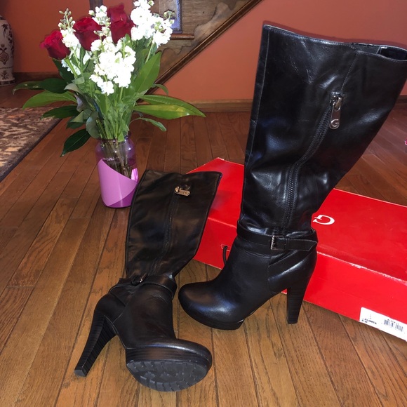 Guess Black Heeled Boots Wside Zipper 